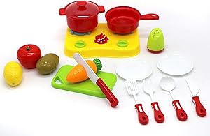 Toyzabo World Chef Gas Stove Set Pretend Cutting Food for Toddlers Play Pots and Pans Kitchen Accessories Toy Food with Toy Knife,Cutting Board,Veggies, Fruit, and Pot Healthy
