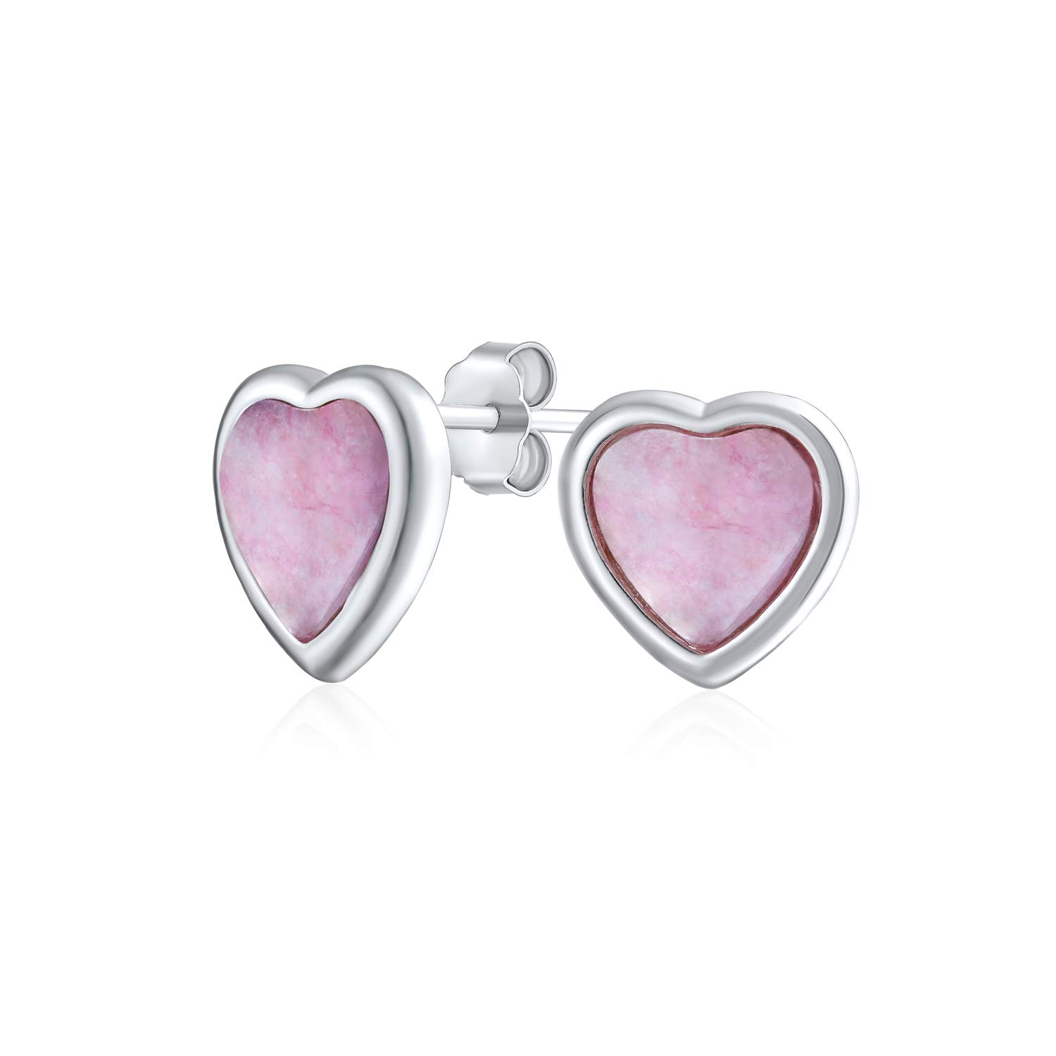 Romantic Gemstone Heart Shaped Stud Earrings: Women Teens, .925 Sterling Silver, Bezel Set Light Pink Quartz, For Girlfriend