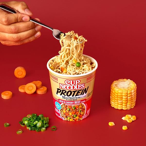 NISSIN CUP NOODLES PROTEIN RAMEN, BEEF FLAVOR WITH BONE BROTH, 16G PROTEIN, 2.54 OUNCE CUP (PACK OF 6)