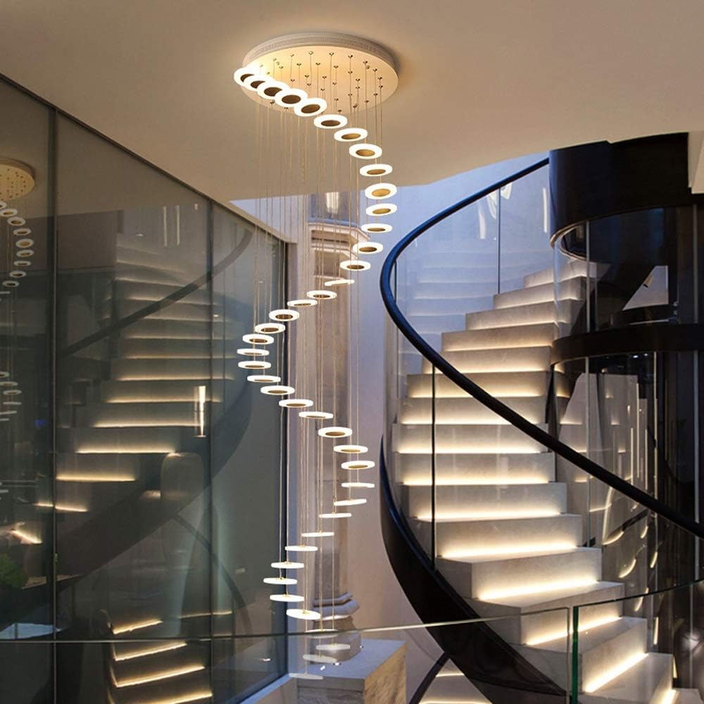 Modern LED Pendant Lamp White Circle Long Chandelier Stairs Loft Hall Living Room Indoor Ceiling Lighting Hotel Shop Decoration Warm Light Height Adjustable 42-Light H3.5M