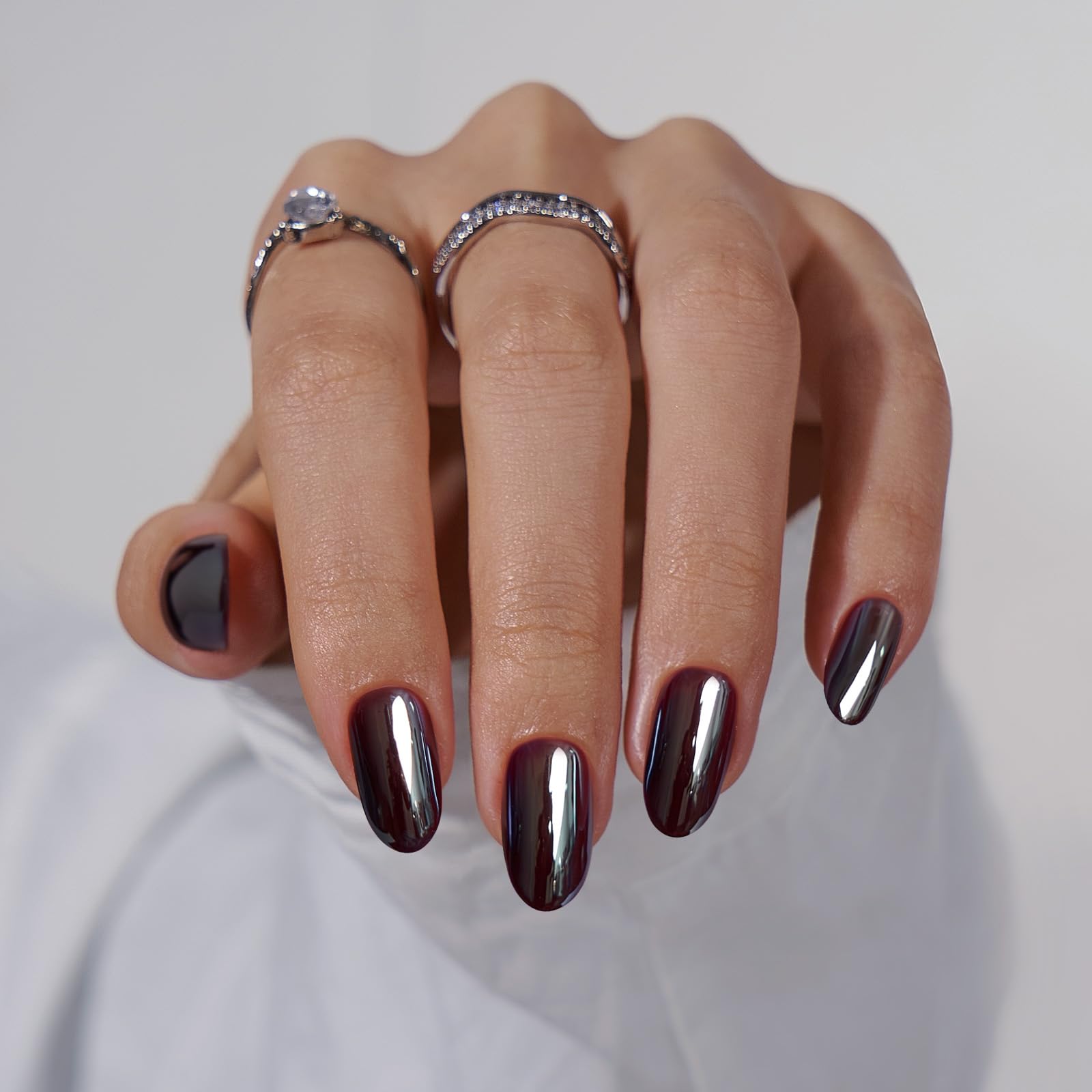 Photo 1 of BTArtbox Press On Nails Short - Dark Oval Press On Nail, Chrome Glazed Glue On Nails, Supremely Fit & Glossy Stick On Nails in 16 Sizes - 30 Fake Nails Kit, Magic Mirror