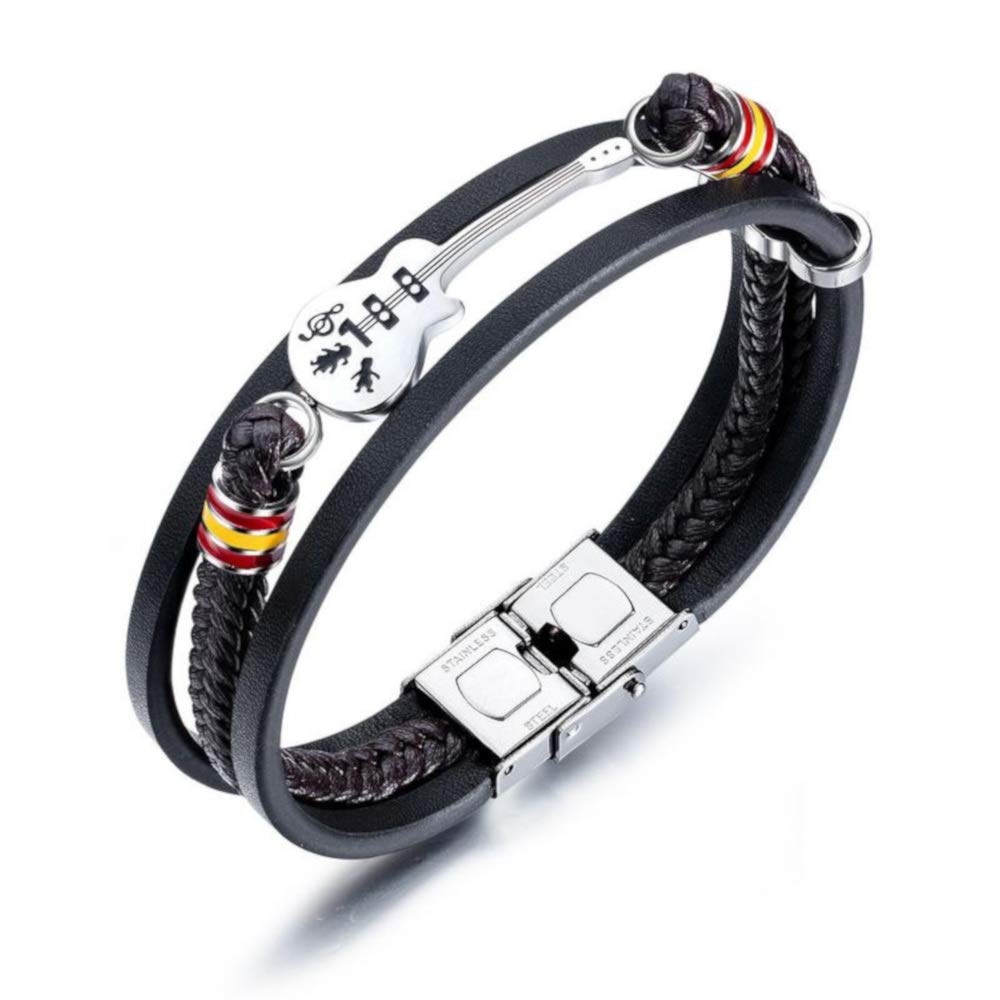 ESTUYOYA - Exclusive Leather and Stainless Steel Bracelet Design Flag of Spain and Spanish Guitar with Anti-Lost Safety Clasp Adjustable Size Unisex