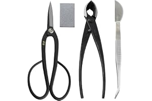 Wazakura 4PCS Bonsai Essential Tool Kit Made in Japan, Japanese Yasugi Steel Ashinaga Scissors + Concave Branch Cutter 8in (2