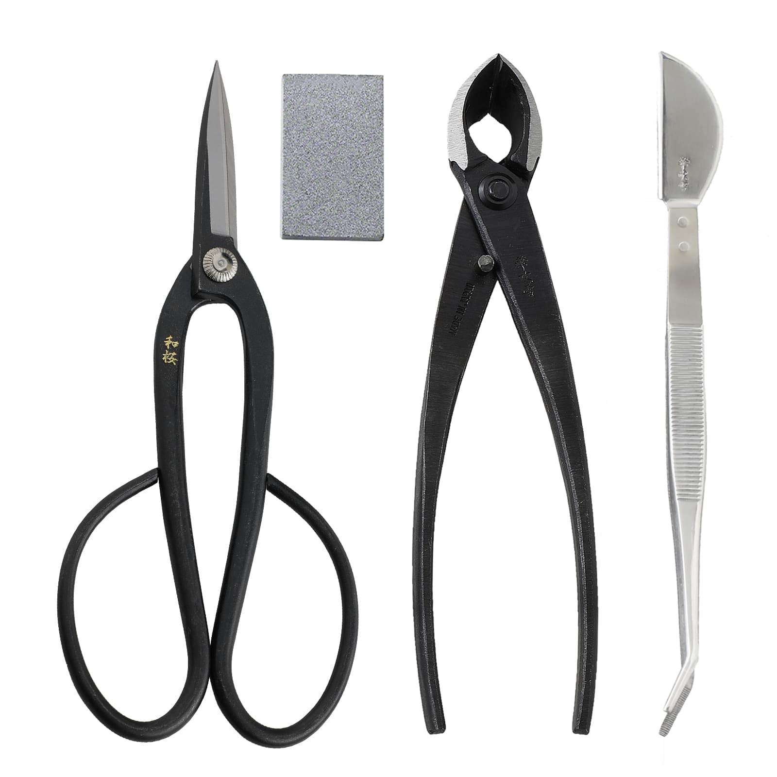 Wazakura 4PCS Bonsai Essential Tool Kit Made In Japan - Yasugi Japanese Steel Ashinaga Bonsai Scissors 8" (200mm) + Concave Branch Cutter 8" (200mm) + Stainless Tweezers + Sap Eraser Gift Box Set