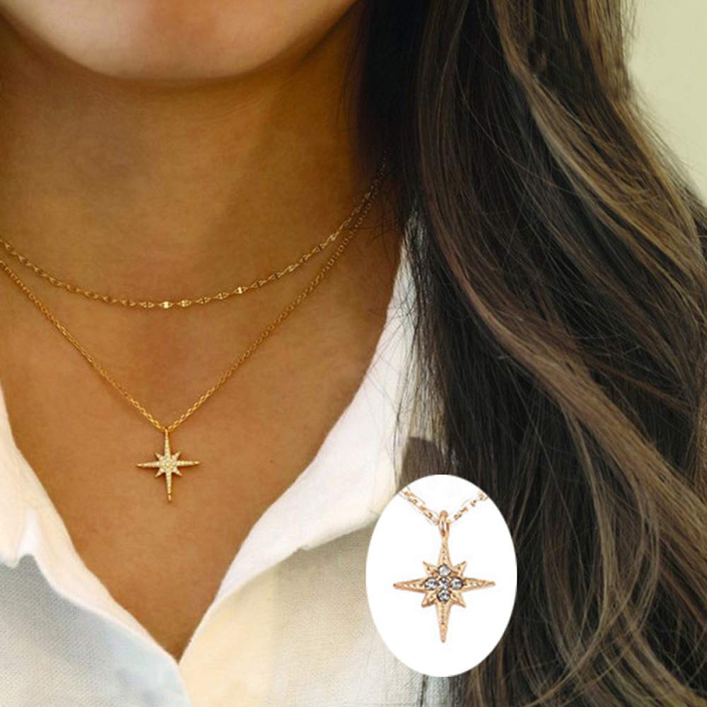 TseanYi North Star Pendant Necklace Gold Star Layering Necklace Choker Boho Layered Necklaces Chain Jewelry for Women and Girls (Gold)