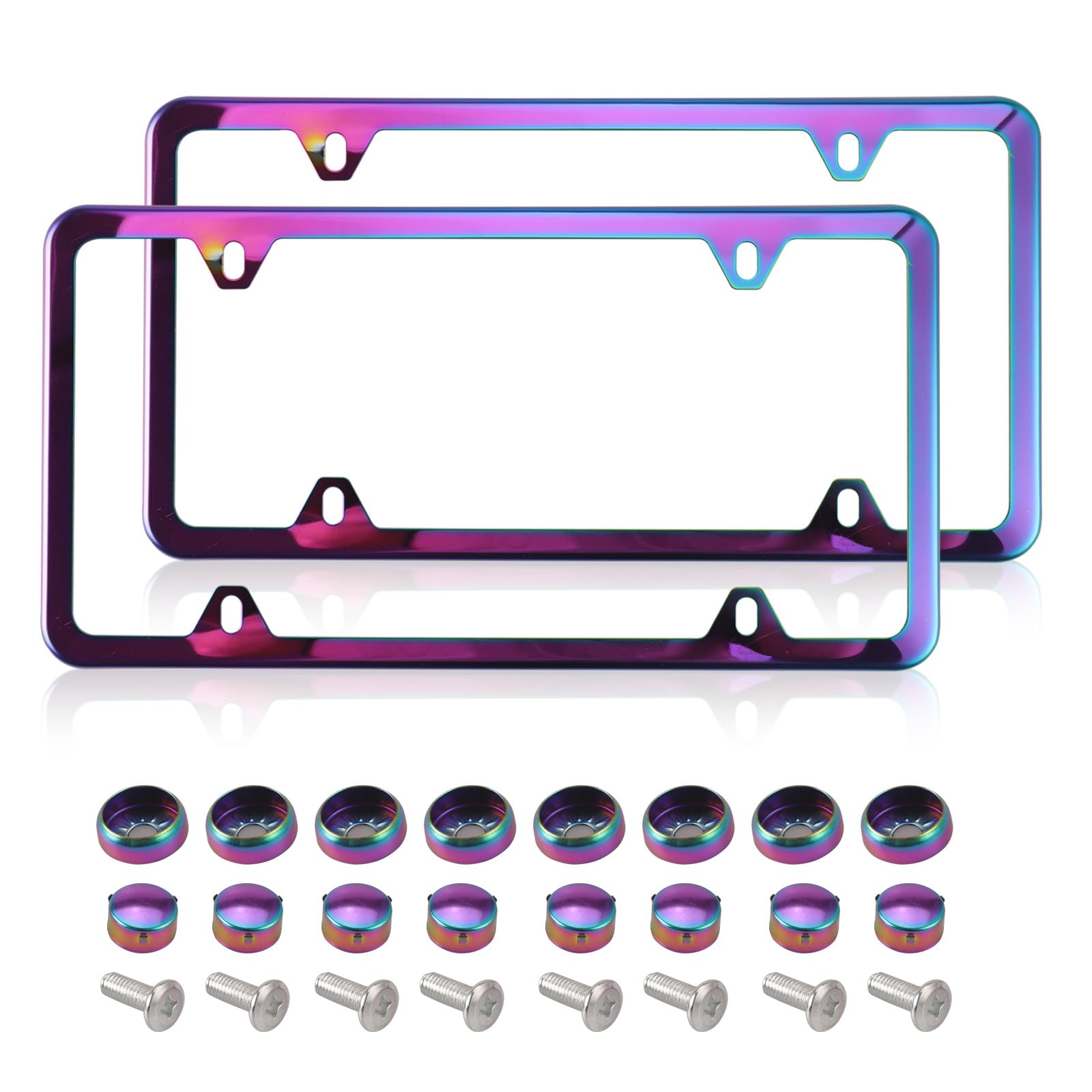 Photo 1 of 2 Pack Iridescent License Plate Frame, Stainless Steel Chrome Holographic License Plate Bracket, 4-Hole Universal US License Plate Holder Mount, Weatherproof Chameleon Mirror Polish Rainbow Frame