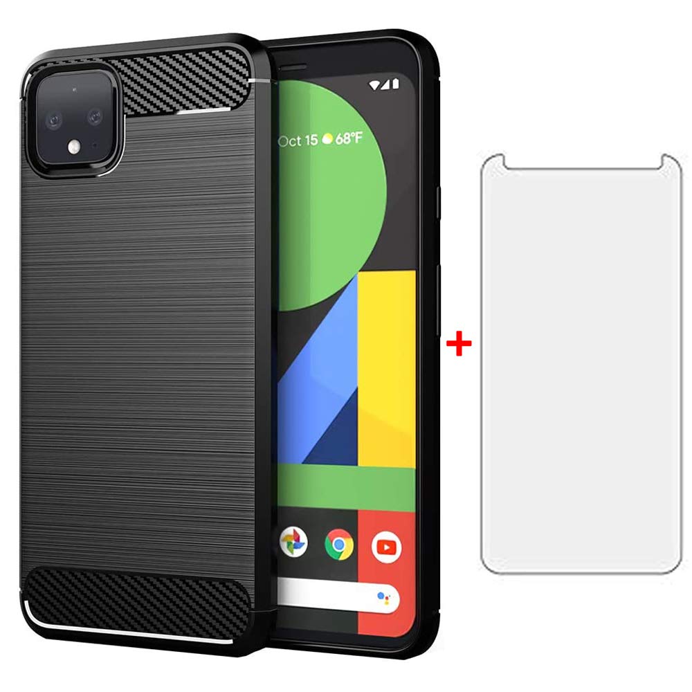 Phone Case for Google Pixel 4 and Tempered Glass Screen Protector with Accessories Shockproof Silicone Rugged Full Body Mobile Silicon Film Thin Soft Slim Carbon Fiber Pixel4 Four Girls Men Black