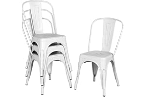 Yaheetech Metal Dining Chairs Set of 4, Indoor/Outdoor Patio Chairs, Stackable Chic Dining Side Chairs for Bistro, Cafe and Restaurant, Distressed White