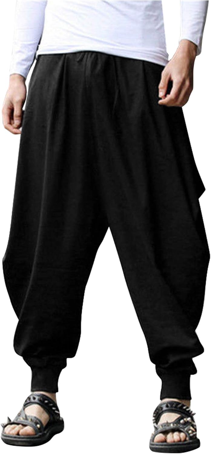 COOFANDY Men Cotton Linen Yoga Pant Casual Drawstring Loose Fit Baggy Harem Pant: Clothing