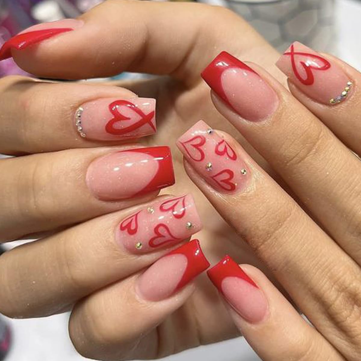 Square Press on Nails Medium -French Tip Press on Nails Red Heart Deign,Glossy Pink Fake Nails with Rhinestone Design,Reusable Artificial False Nails with Glue on Nails Valentine's Day for Women 24PCS