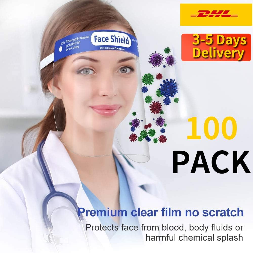 100PCS Safety Face Shield, Adjustable Transparent Full Face Protective Visor with Eye & Head Protection, Anti-Spitting Splash Facial Cover (3-5 days delivery)