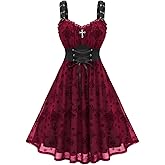 ROSE GAL Women Plus Size Gothic Cross Mesh Overlay Lace Panel Ruffles Midi Dress Vinatge Goth Dress