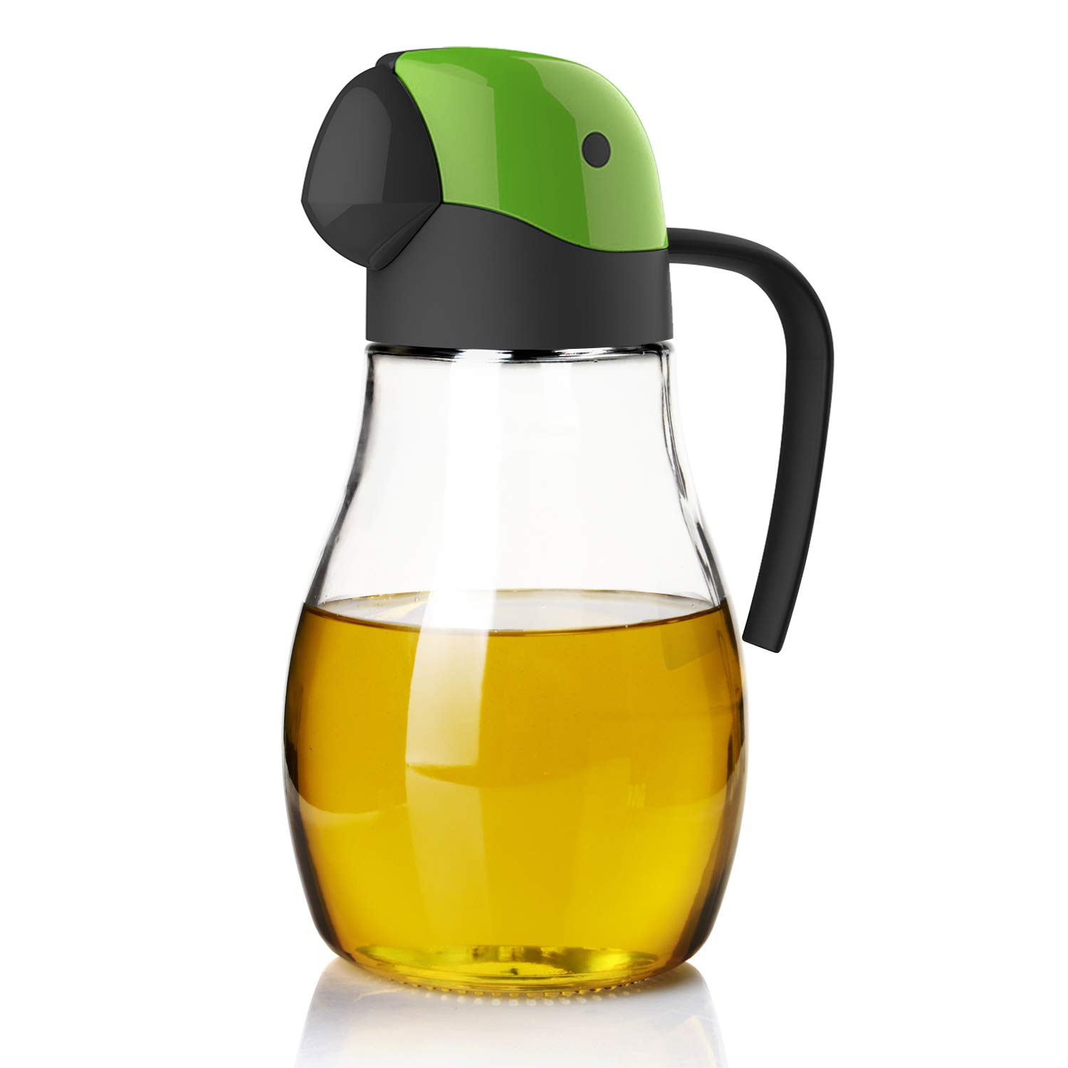 Olive oil dispenser automatic cap 20oz/600ml, glass oil bottle suitable for kitchen, no drip parrot shape design (Green-20oz)