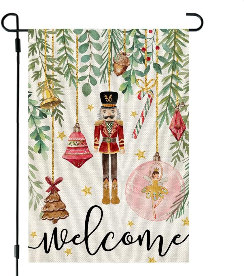 Flags - CROWNED BEAUTY Christmas Garden Flag 12x18 Inch Double Sided for Outside Welcome Small Burlap Nutcracker Holiday Yard Flag CF1275-12