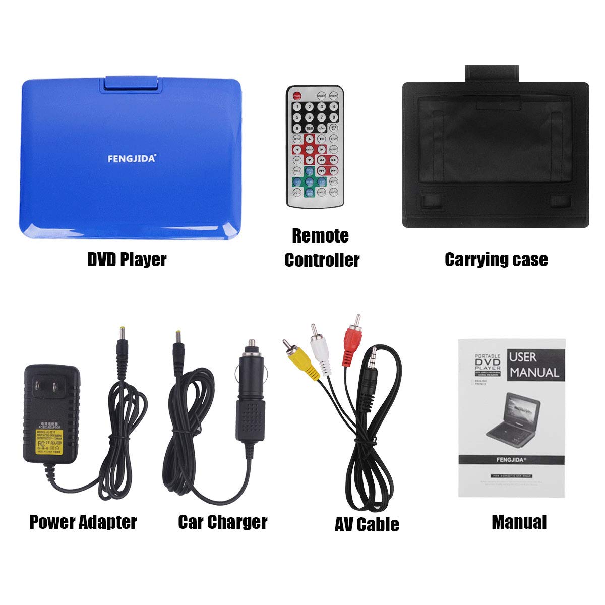 FENGJIDA 9.5\'\' Portable DVD Player, Car DVD Player Headrest Mount, Swivel Screen, Built-in Rechargeable Battery, Remote Control, SD Card Slot USB Port - Blue