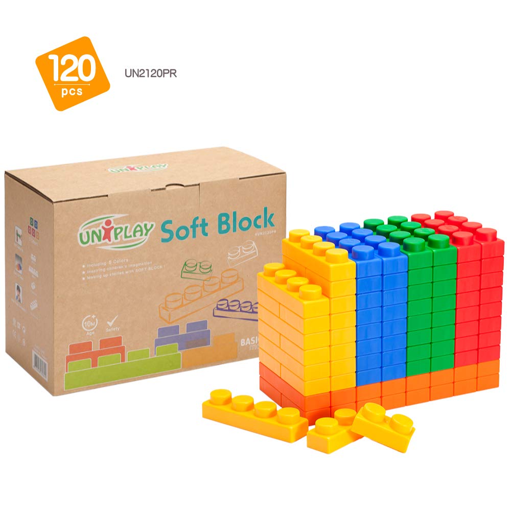 UNiPLAY Soft Plastic Stacking Building Blocks - Baby Developmental Toy - 120-Piece Multi-Color Set