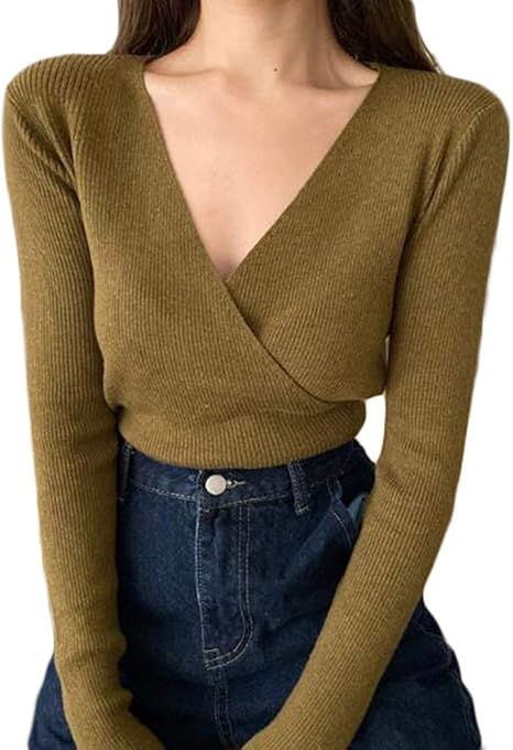 Amazon Shuming ニット レディース カットソー 長袖 Vネック カシュクール トップス スリム 着痩せ インナーシャツ 無地 おしゃれ 春 ベージュ Freeグリーン セーター 通販