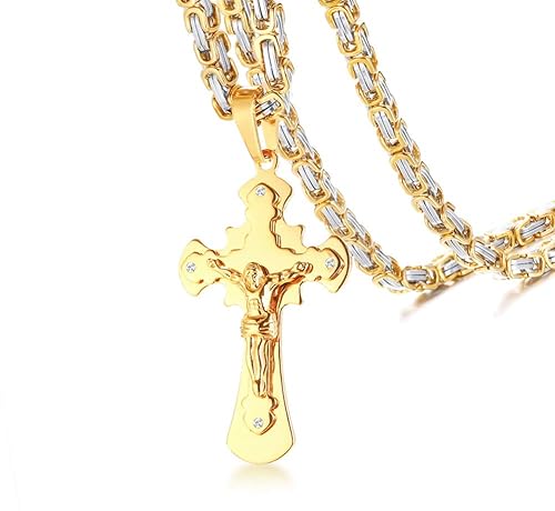 Mealguet Stainless Steel Gold Plated Catholic Jesus Cross
