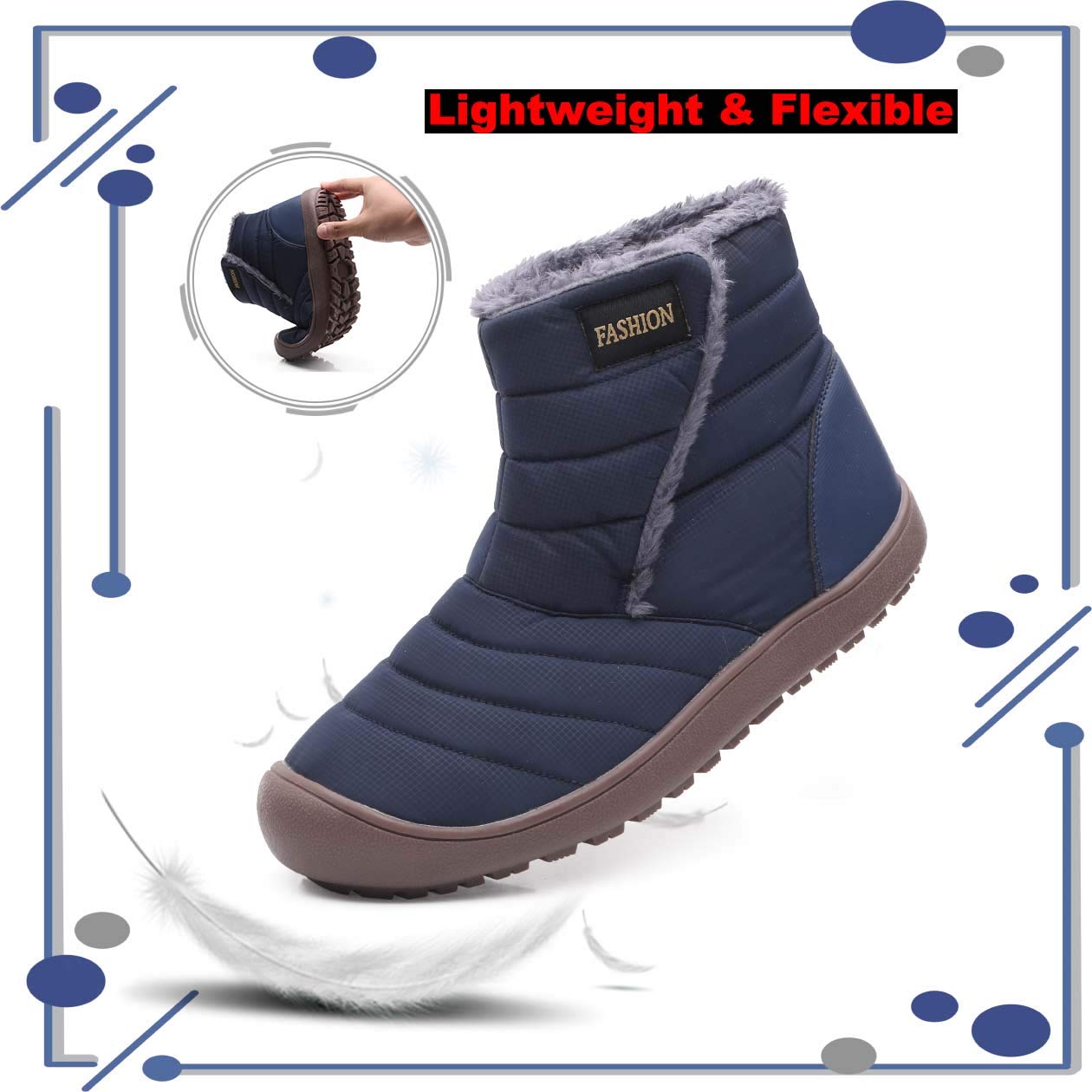 CARENURSE Men Women Winter Snow Boots with Fur Velcro Closure Water Resistant Lightweight Slip On Ankle Booties for Outdoor Blue