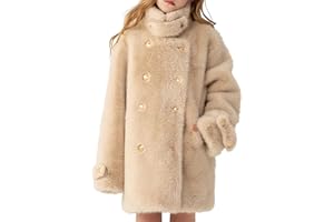 Girls Faux Fur Jacket Fuzzy Fleece Coat Kids Winter Thicken Cozy Warm Button Down Mock Neck Teddy Outerwear With Pockets