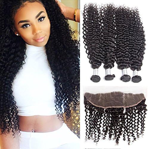 7A Virgin Hair Deep Curly Wave 3 Bundles With Lace Frontal Closure 13x4 Ear To Ear Frontal With Baby Hair Brazilian Human Hair Extensions(20 22 24with 18