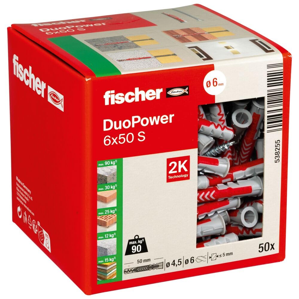 Fischer DuoPower 6 x 50 S, Powerful Universal Plug with Safety Screw, Intelligent 2-Component Technology for fastenings in Concrete, Bricks, Stone, Gypsum plasterboard, etc., 50 Plugs & 50 Screws