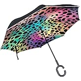 MCHIVER Leopard Rainbow Colorful Inverted Reverse Umbrella with C-shaped Handle Waterproof Upside Down Umbrella Windproof Dou