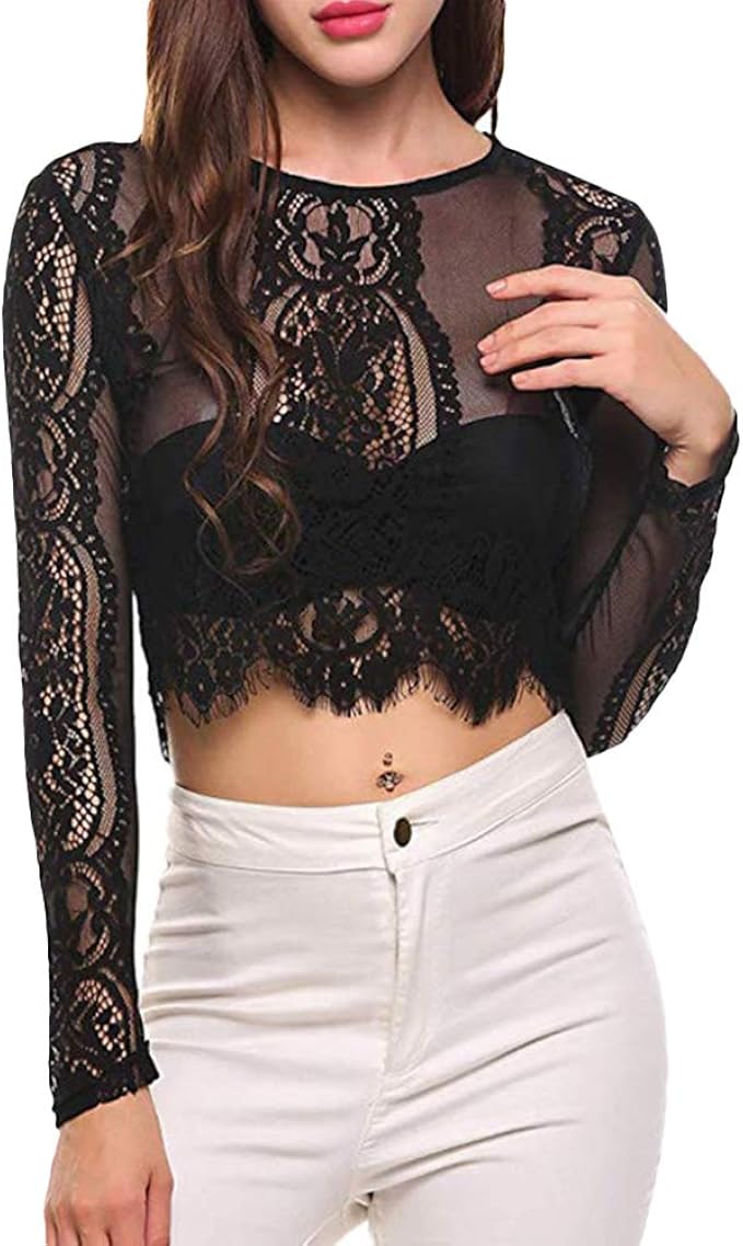 sheer mesh long sleeve crop top