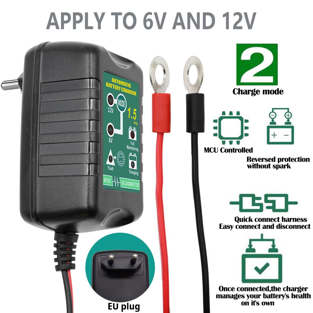 6V 12V Batterieladegerät 1,5A automatisches intelligentes Ladegerät, Batteriewartungsladegerät, Erhaltungsladegerät für Auto, Motorrad, Rasenmäher, Boot, Schneemobil(EU-Stecke) 9