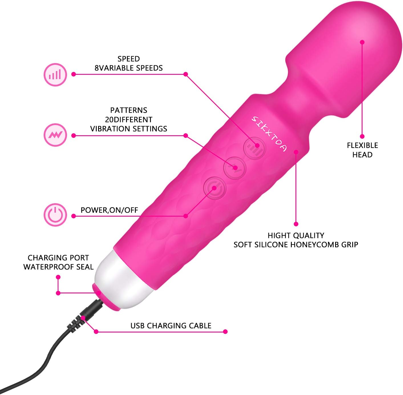 SIKXTOA Powerful Wand Massager with 20 Vibration Modes 8 Speeds, Wireless Handheld Waterproof Quiet Rechargeable Portable Personal Full Body Massager Relieve Muscle Stress Relaxing Body - Rose: Health & Personal Care