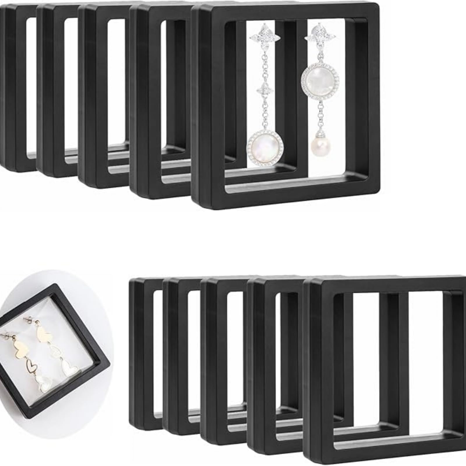 Photo 1 of 10 Pieces Black 3D Floating Frame Display Transparent Jewelry Storage Cases, Clear Organizer Storage Box for Coins Necklace Earrings Pearls Medals Specimen Prevent Oxidation,PE Plastic Acid Free