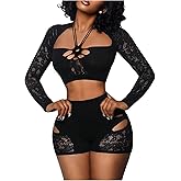 Milumia Women's 2 Piece Outfit Sexy Cut Out Sheer Mesh Crop Top Skinny Shorts Sets