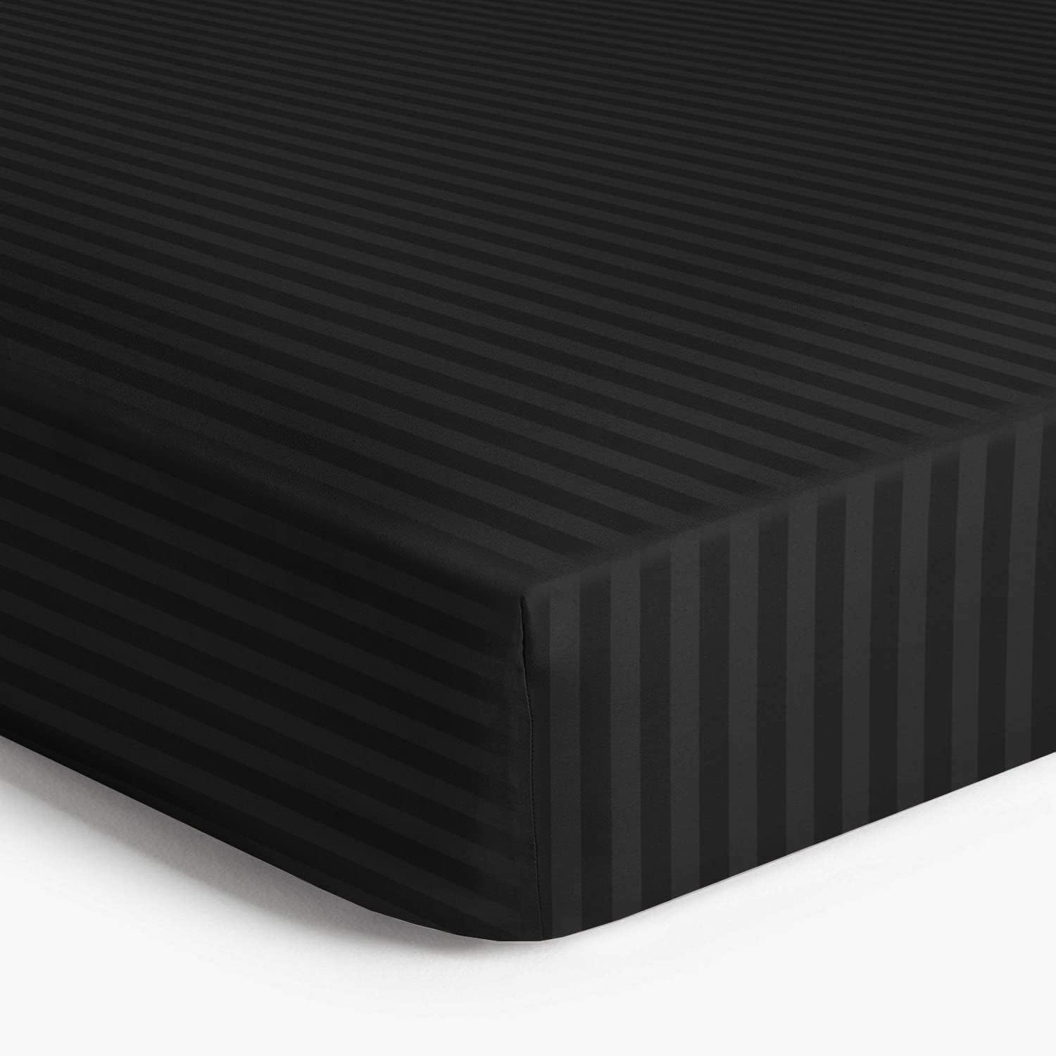 MOONLIGHT20015 Fitted Sheet Double 40cm Soft Brushed Microfiber with Satin Stripes Fade Resistant Easy Care Breathable Bed Sheets (Black, Double)