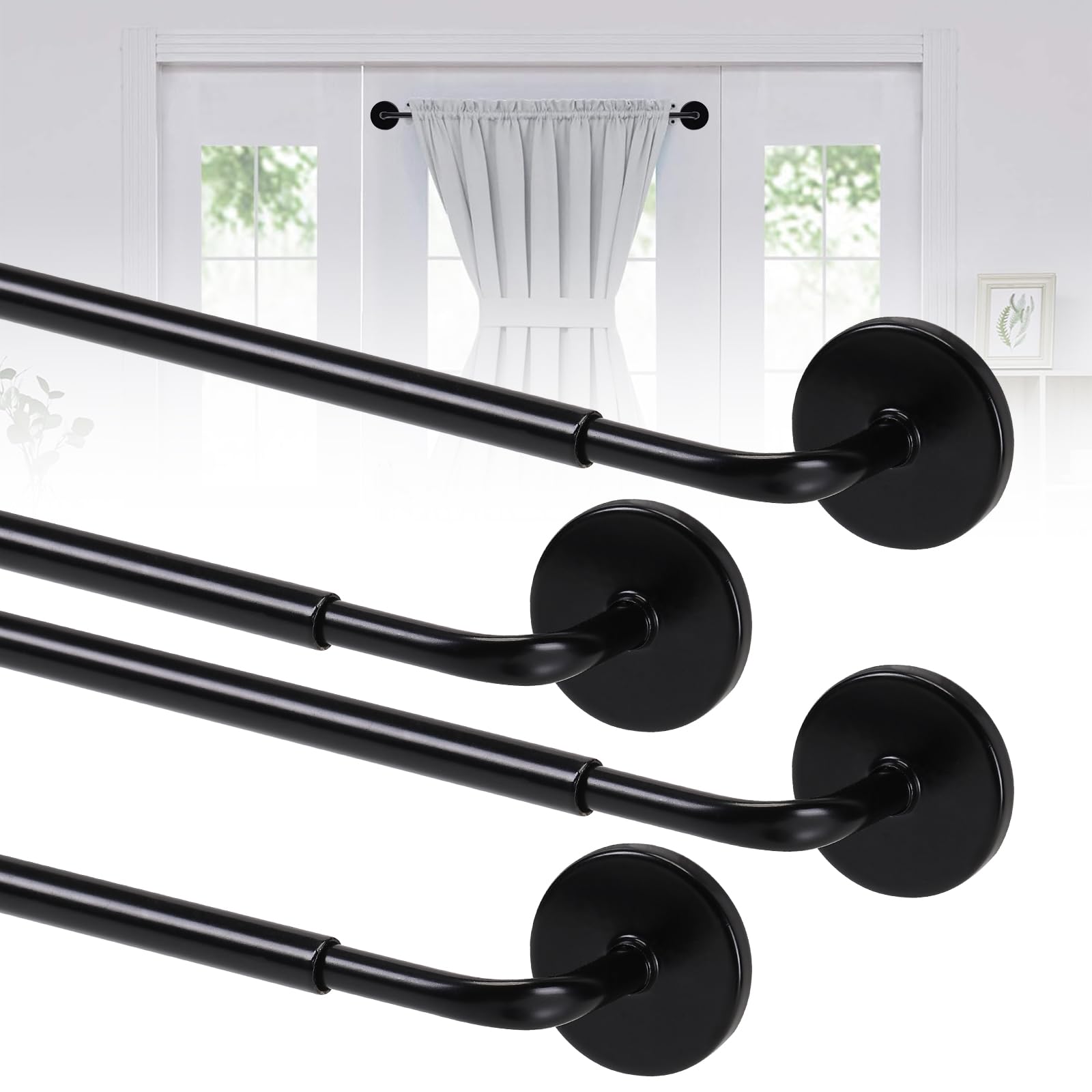 Photo 1 of 4 Pack Magnetic Curtain Rod for Metal Doors, French Door Curtain Rods Adjustable from 17 to 30 Inch, 3/8 Inch Diameter, Magnetic Cafe Curtains Rod, No Tool and Easy Installation, Black