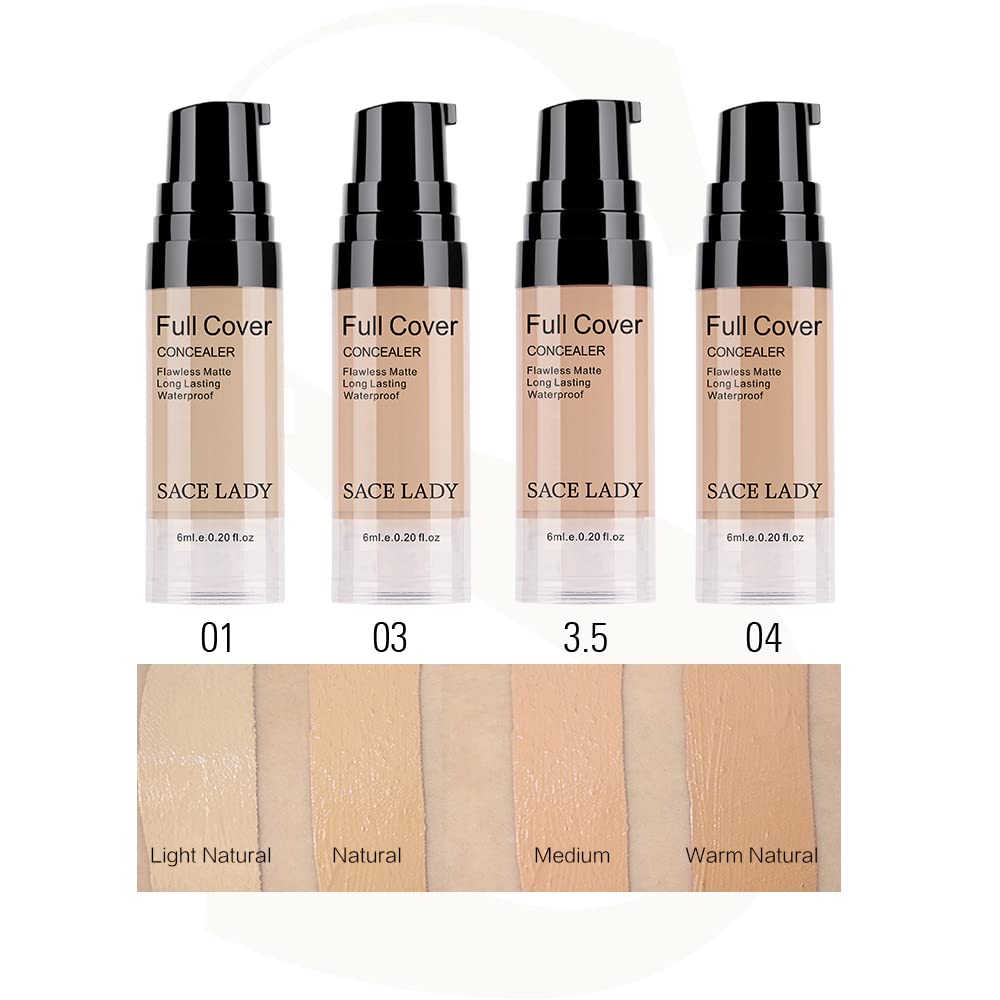 SACE LADY Waterproof Full Coverage Concealer Makeup Kit with Primer Sponge - Matte Liquid Foundation for Face, Eye, and Acne Scar Cover