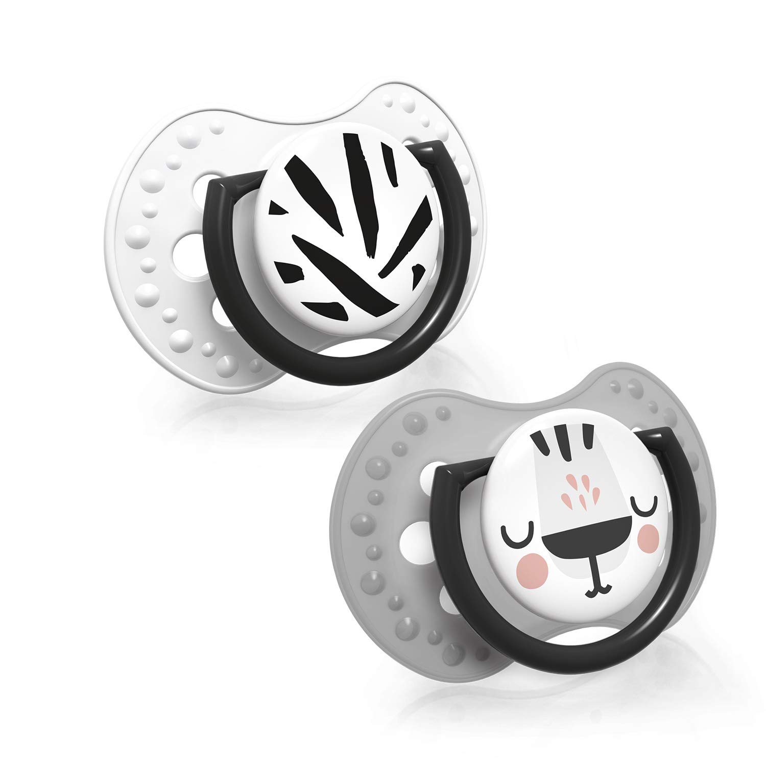 LOVI Soother 6-18 Months, Baby Dummies with Silicone Teat, Dynamic Tip, Salt & Pepper Collection, 2 Pieces, White