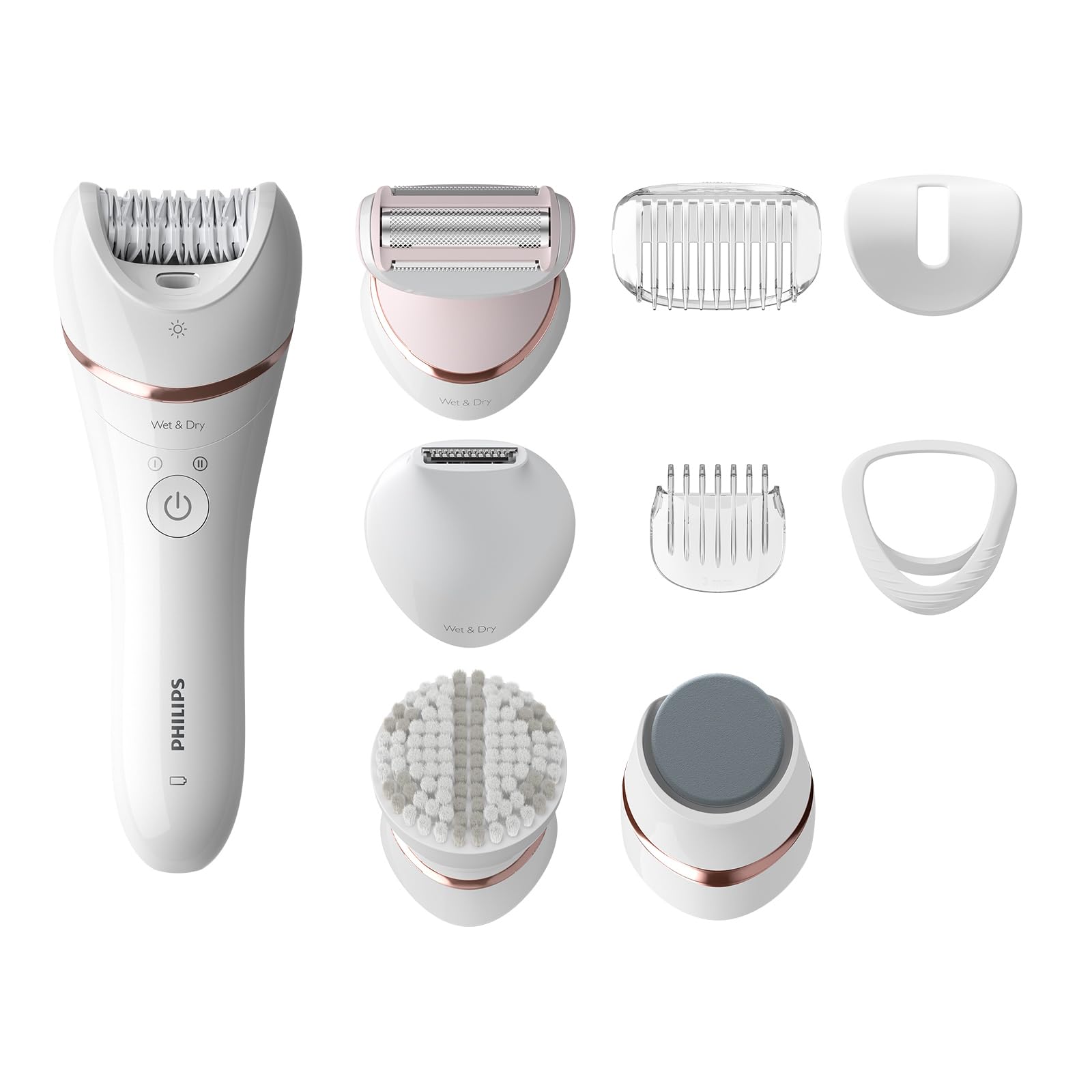 Philips Series 8000 - Cordless Wet & Dry Epilator for Legs and Body, with 9 Accessories, Shaver, Trimmer, Pedicure Tip and Body Exfoliating Tip (Model BRE740/10)