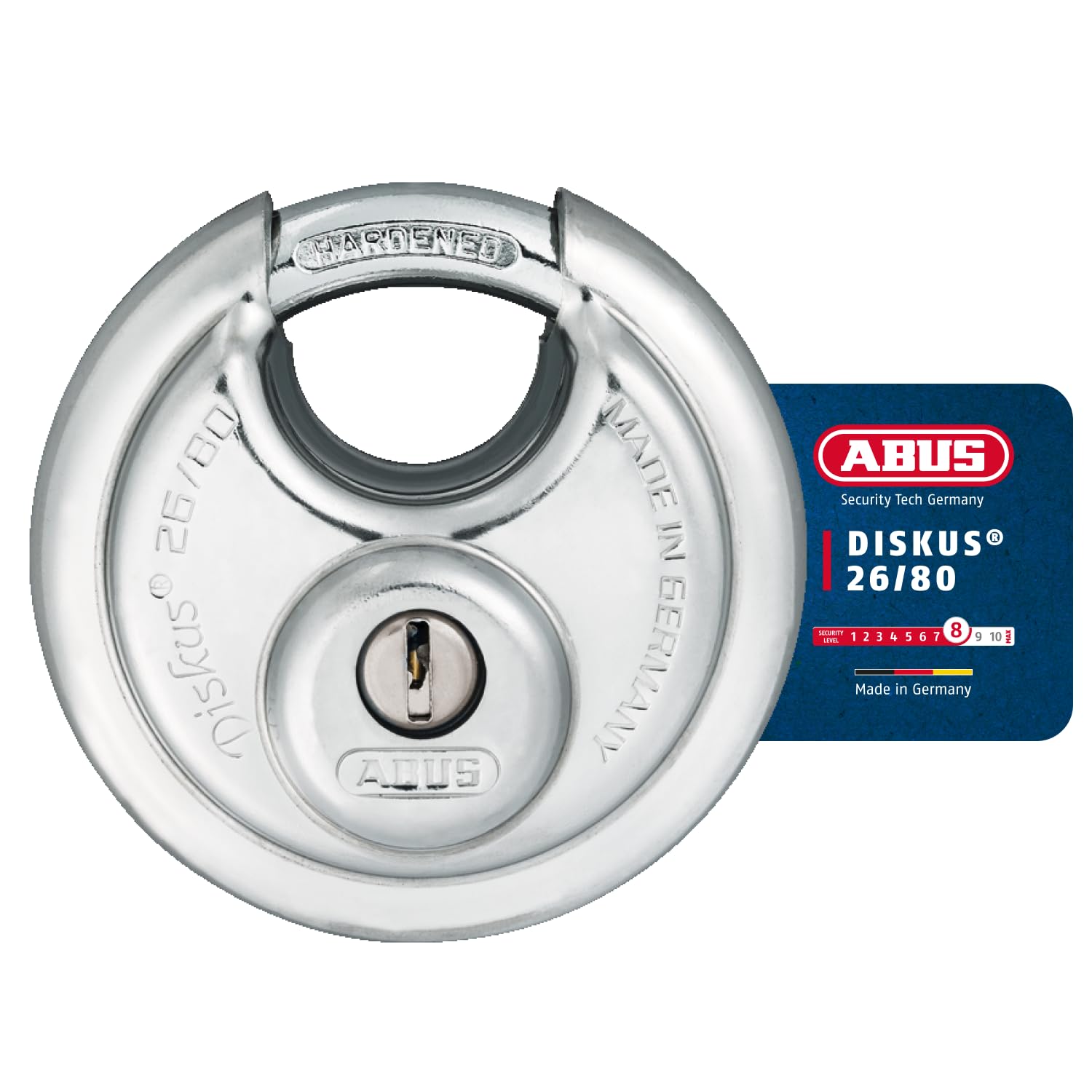 ABUS Diskus® Padlock 26/80 with 360° All-round Protection - Drilling and Pull-protected Cylinder - weather resistant and anti corrosion- for sheds, gates, garage, gym - ABUS Security Level 8 - Silver