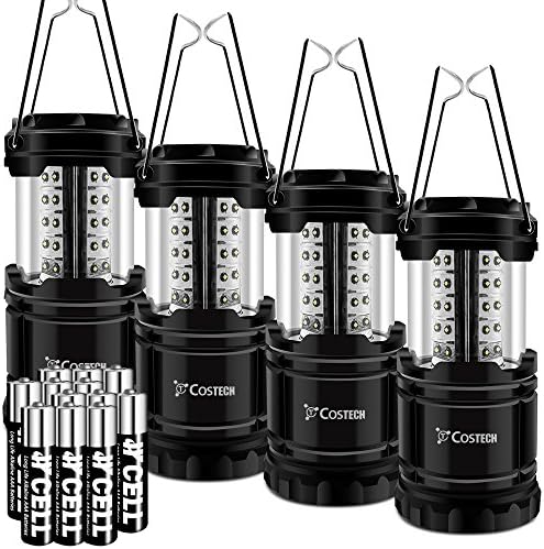 LED Camping Lantern, Costech 4 PACK Portable Brightest Outdoor Emergency Light; with 12 AA Batteries for Camping, Hiking, Fishing, Hurricane, Storm, Outage