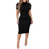 Fastkoala Elegant Ribbed Knit Dress for Women - Sheer Mesh Floral Sleeve Bodycon Midi Dress for Party Night Out