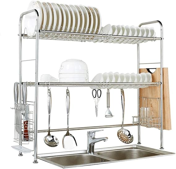 Kitchen Over Sink Steel Plates Bowls Drainer Rack, 2 Shelves Kitchen