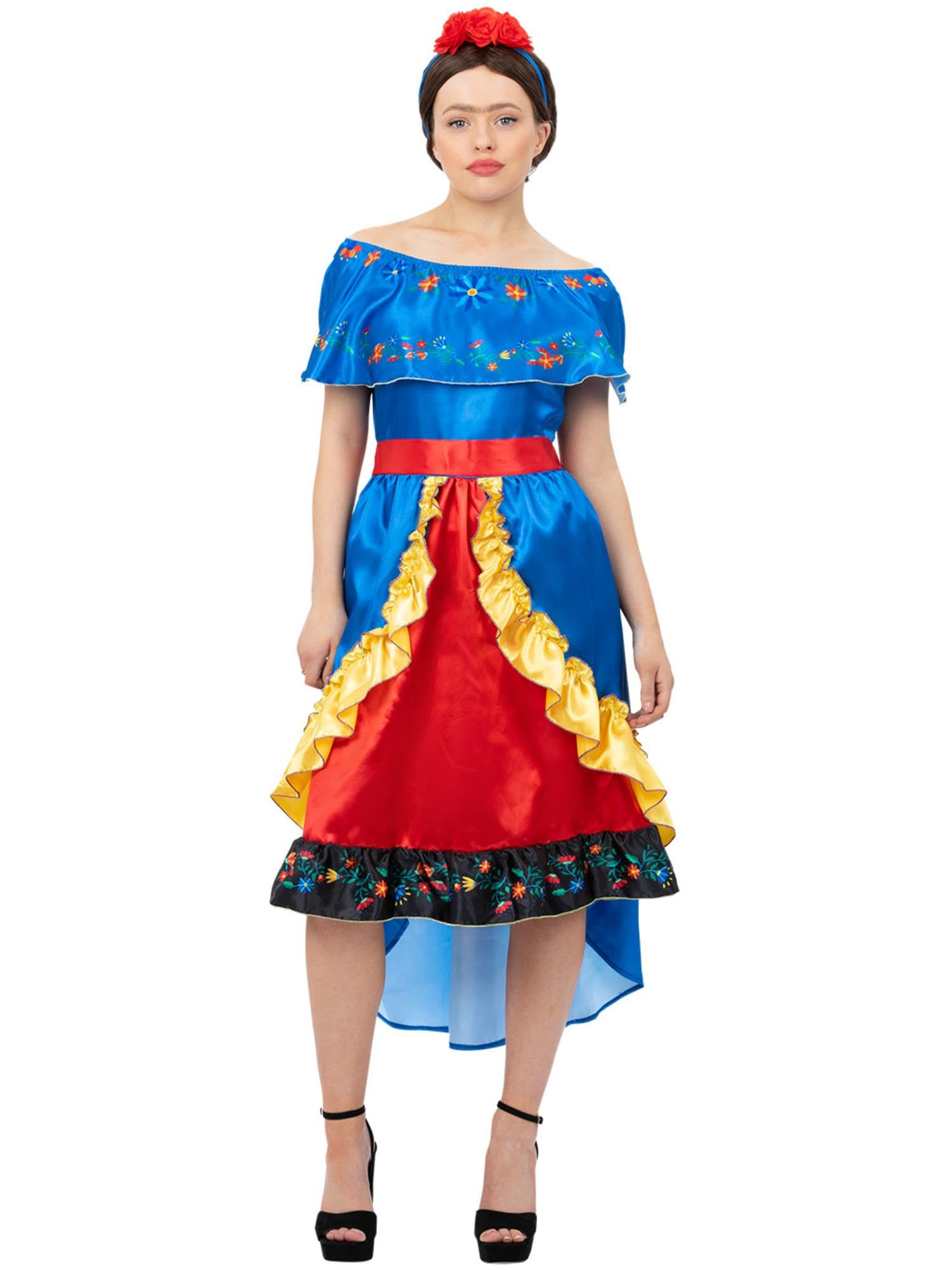Smiffys Ladies Deluxe Artist Costume, Colourful Dress with Ruffles and Matching Floral Headband, Icons and Idols Fancy Dress Outfit for Women, Party and Carnival large