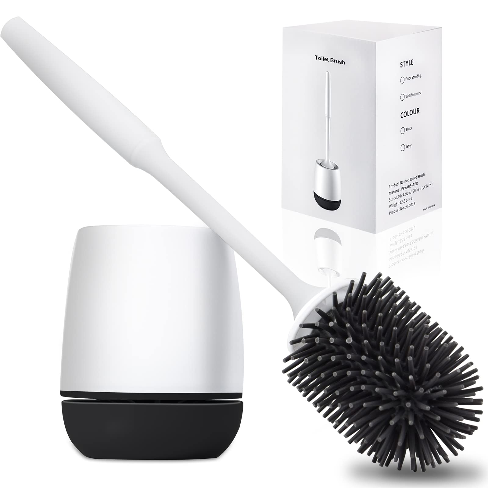 Hulameda Toilet Brush and Holder, Silicone Toilet Cleaning Brush with Quick Drying Holder, 4 x 5.5 Inches, Black & White, (Flooring/Mounted Wall)