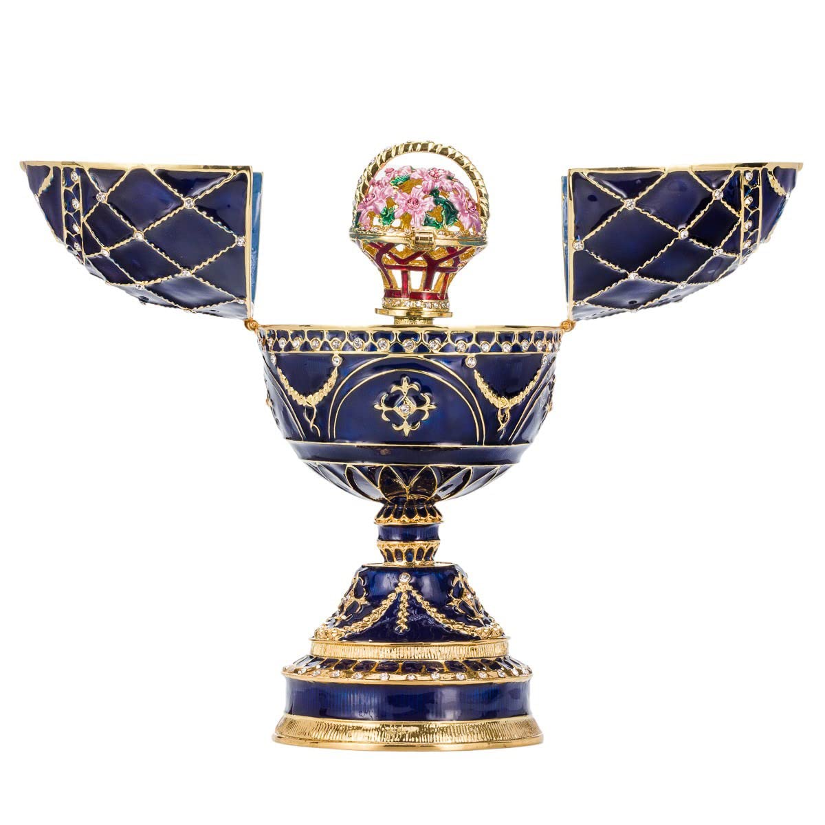 danila-souvenirs Glamorous Style Easter Egg Music Box Trinket Jewel Box with Basket of Flowers 17 cm blue