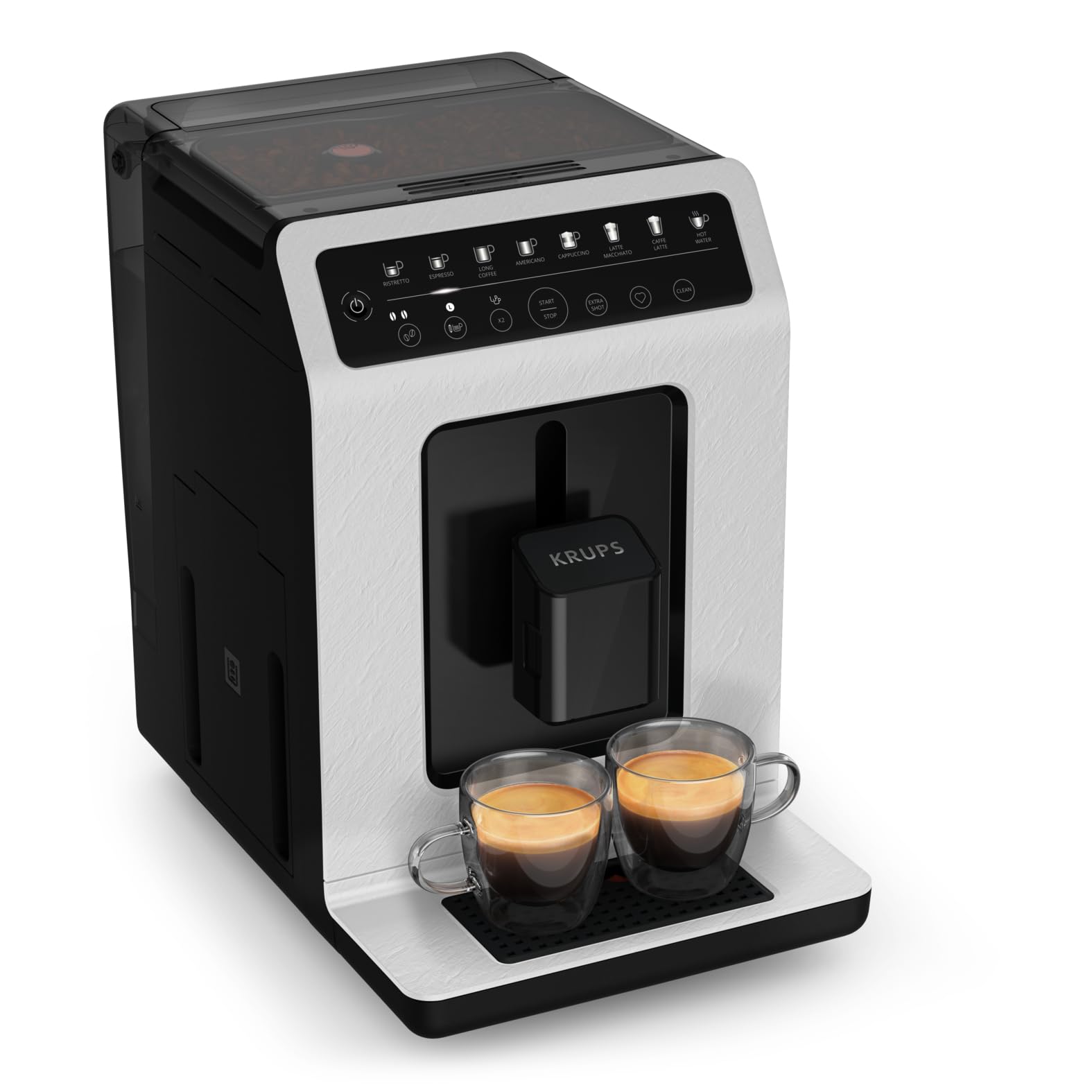 KRUPS Evidence ECOdesign Kaffeevollautomat mit Milchschlauch, 7 Getränkeoptionen, 2-Tassen-Funktion, Recyceltes Material, Kaffeemaschinemit Bedienfeld, Weiß/Schiefer, EA897A10
