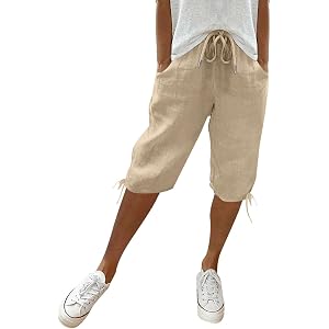 MABUTINGTI Plus Size Linen Bermuda Shorts for Women Knee Length Elastic Waist Drawstring Shorts Summer Loose Capri Pant