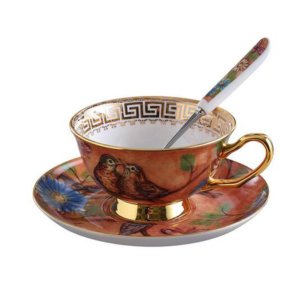 Eplze YBK Tech Euro Style Cup& Saucer Set, Bone China Teacup Coffee Cup for Breakfast Home Kitchen- Birds and Trees Patterns (Orange) — image 1