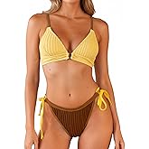 CUPSHE Women's Bikini Sets Two Piece Swimsuit Sexy Low Rise Bathing Suits String Tie Color Block Textured