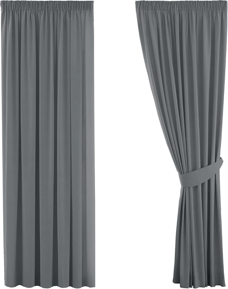 H.Versailtex Blackout Curtains 46x72 Pencil Pleat 2 Panels Tiebacks Dark Grey