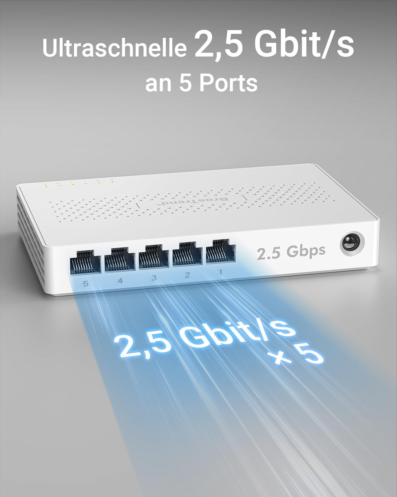 BrosTrend 5-Ports 2.5G LAN Switch, 2.5 Gbit/s Unmanaged Ethernet Netzwerk Switch für Gaming-PC NAS Server, Gigabit Switch LAN Splitter (Plug-and-Play, Lüfterlos, Desktop/Wandmontage, Lifetime-Schutz) 2